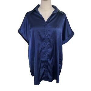 NEW Blue Silky Satin Short Sleeve Button Up Blouse / Top size womens large